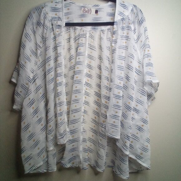 So Open Front Blouse XL Short Sleeve Sheer Patterned White Blue Yellow - Picture 15 of 16